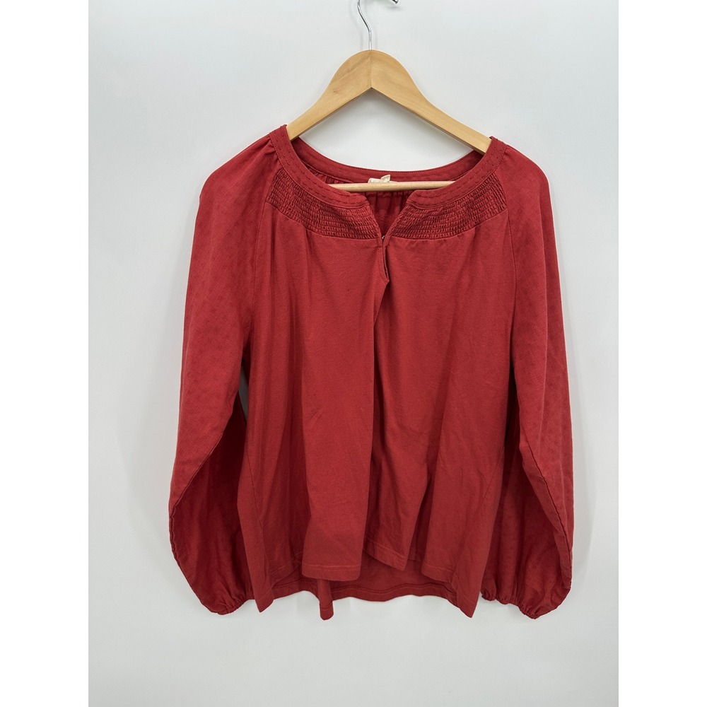 Cotton Bleu Terracotta Red Smocked Blouse Sz M Split Neck Cotton Boho Cottage